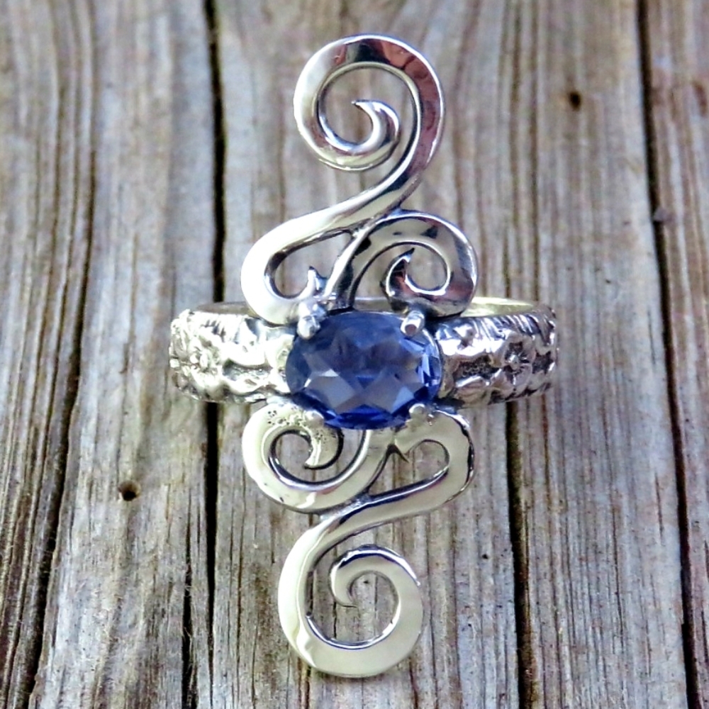 SOLD Rose Cut Natural Iolite Scroll Statement Ring - Picture 1 of 7